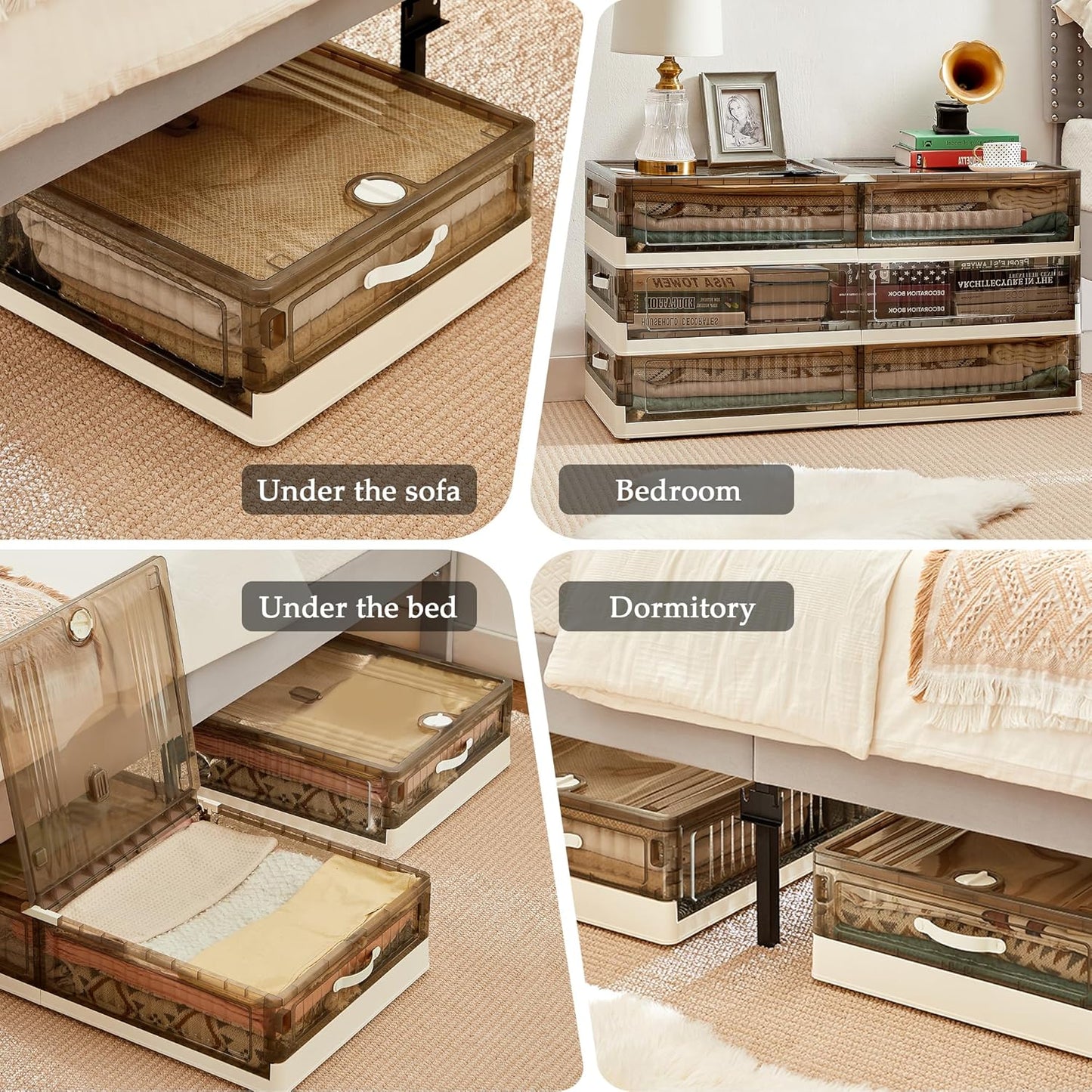VECELO Under Bed Storage with Wheels, 26.5Gal Stackable Under Bed Storage Containers, Underbed Storage Containers with Lids, Plastic Foldable Folding Box for Clothes Shoes