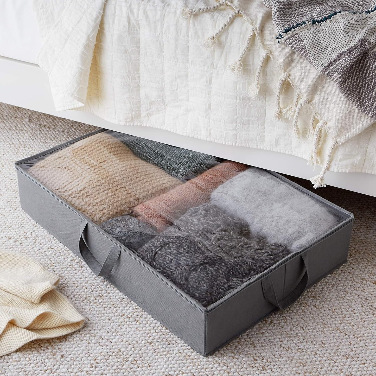 Amazon Basics Under Bed Fabric Zipper Blanket Storage Container Bags with Window and Handles, 2-Pack, 18 x 42 x 6 inches, Gray