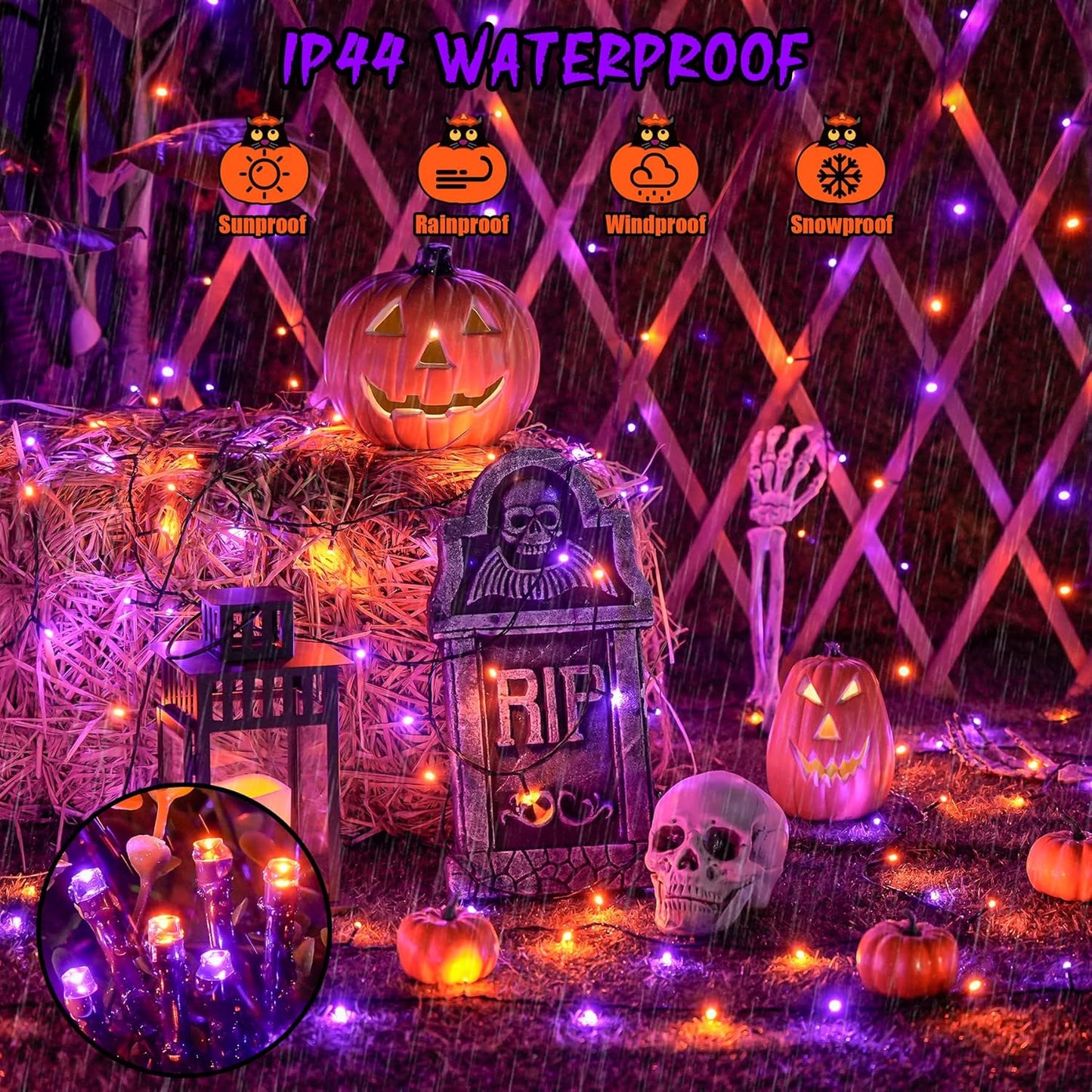 JMEXSUSS Orange and Purple Solar Halloween Lights, 2 Pack Total 400 LED Solar String Lights Outdoor Waterproof, 8 Modes Halloween Light for Outside Patio Yard Tree Decorations