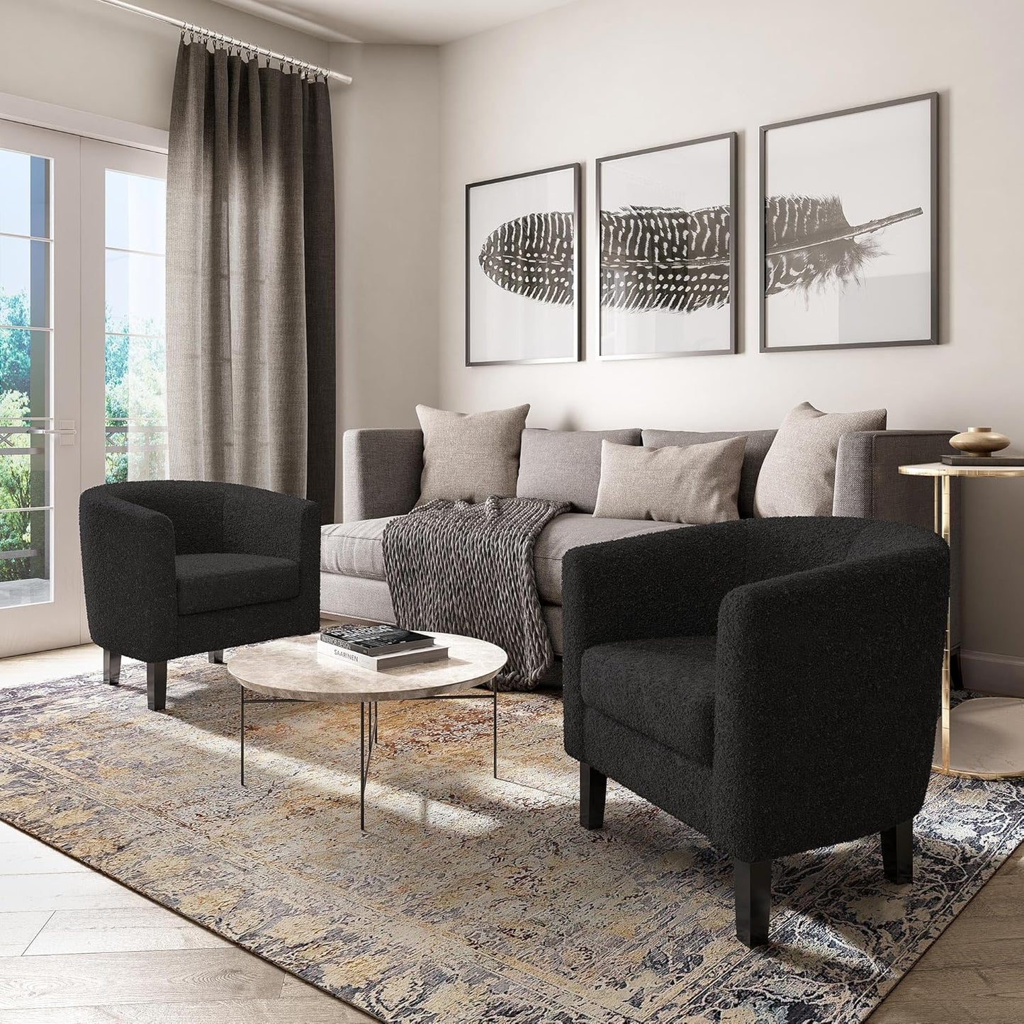 BELLEZE Living Room Chairs Set of 2, Teddy Polyester Accent Barrel Chairs, Club Tub Sofa Chairs for Bedroom, Corner Chairs with Flared Legs and Cozy Soft Padding - Highland (Teddy Black)