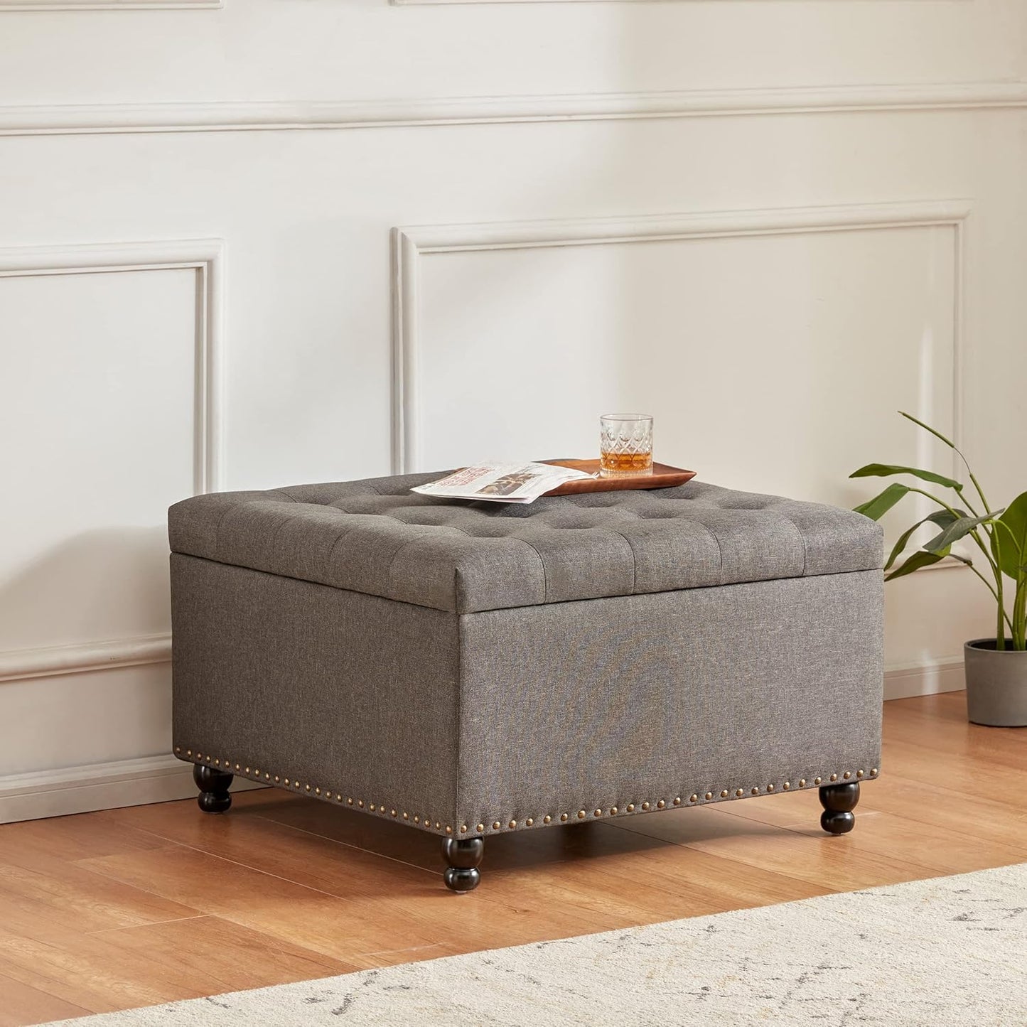 Tbfit Large Square Storage Ottoman Bench, ButtonTufted Upholstered Coffee Table Ottoman with Solid Wood Legs, Oversized Storage Ottomans Toy Box for Living Room (Light Grey)
