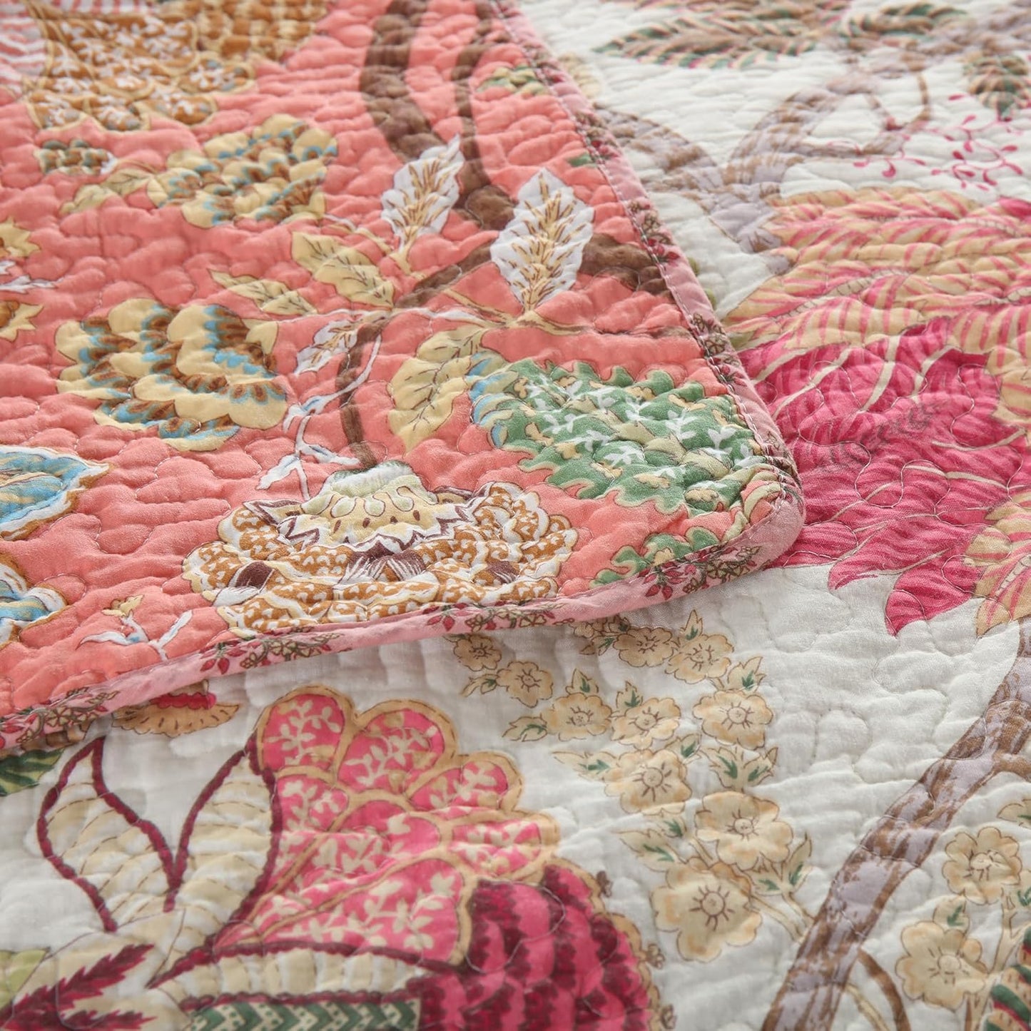 NEWLAKE Cotton Patchwork Bedspread, 3-Piece Bedding Quilt Set with Real Stitched Embroidery, Reversible Matelasse Bed Coverlet Set,Bohemian Floral,California King Size