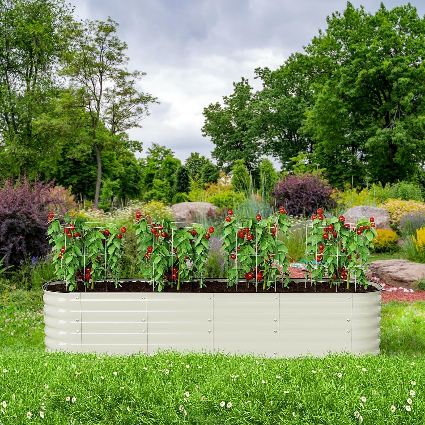 Raised Garden Bed Kit 8×2×1.4 FT Magnesium-Aluminum-Zinc Stainless Steel Metal Planter Box for Planting Outdoor Plants Vegetables (Beige)