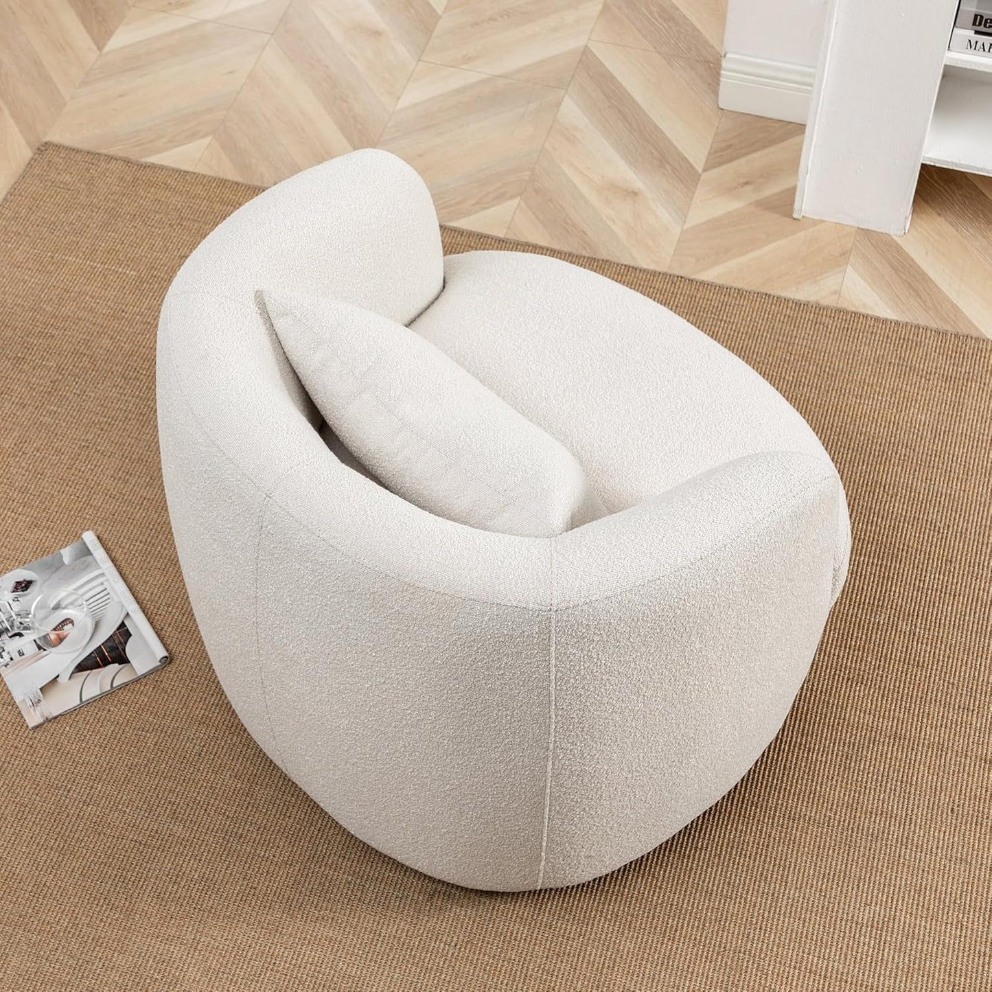 KINWELL 34" Wide Boucle Swivel Barrel Chair, No Assembly Round Upholstered Armchair Accent Chair Single Sofa Chair with Toss Pillow for Living Room and Bedroom, Beige