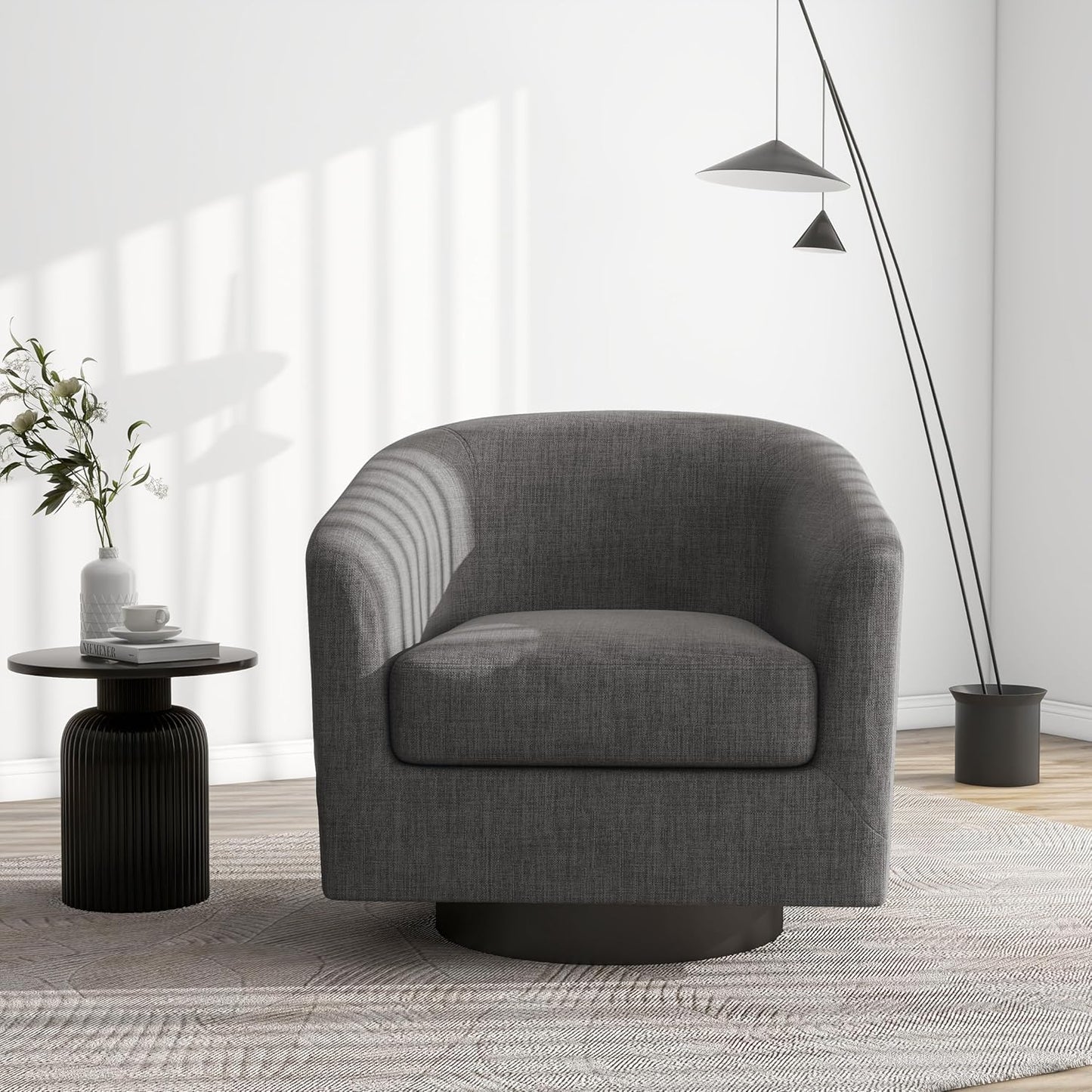 Swivel Barrel Accent Chair, Modern Round Linen Arm Chair for Living Room, Bedroom, Comfy Club Reading Chairs for Adults(Linen Fabric, Grey, Set of 4