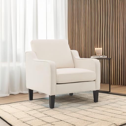 VINGLI Mid Century Modern Accent Chair, Beige Fabric Accent Chairs for Living Room Upholstered Armchair Sofa with Scooped Arms for Bedroom, Apartment, Studio, Office, Waiting Room