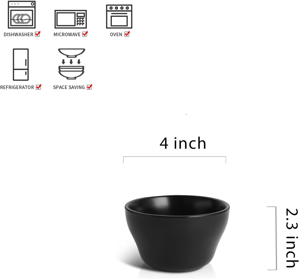 Selamica Ceramic Small Bowls Dessert Bowls 8oz Bouillon Cups for Dessert Soup Dipping Sauce Coffee Cupping Microwave and Dishwasher Safe - Set of 6(Black)