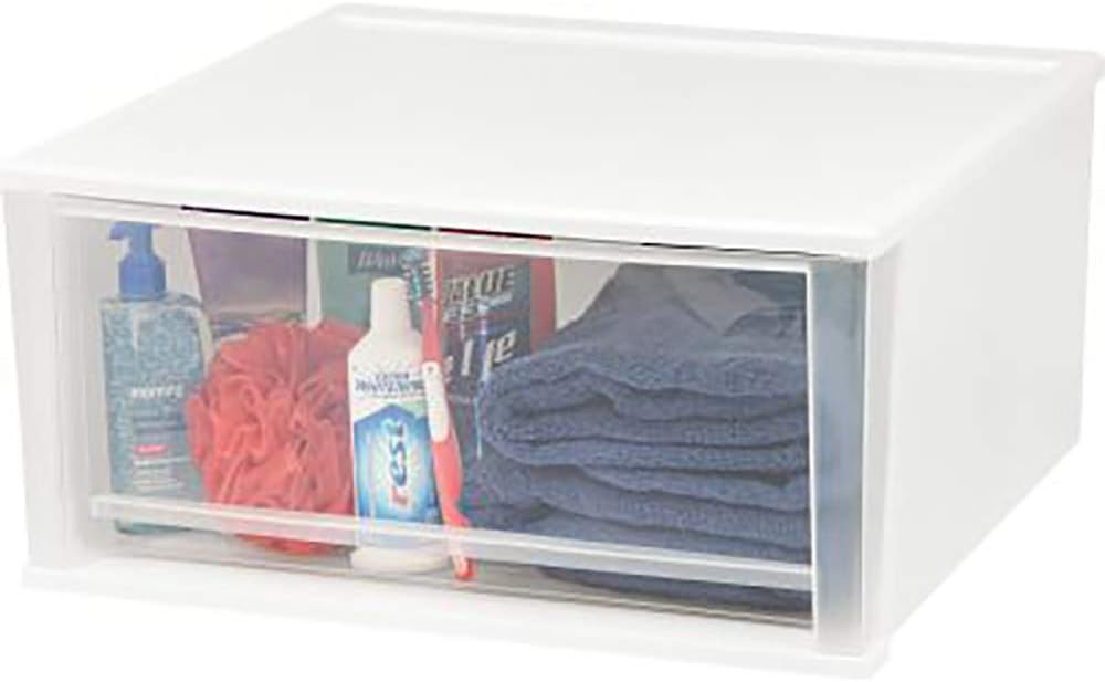 IRIS USA 7 Qt. Plastic Drawer Storage Organizer Stacking Drawers, 4-Pack, Stackable Unit with Sliding Drawer for Clothes Bedroom Kitchen Under Sink Pantry Craft Room Bathroom Dorm Office, White