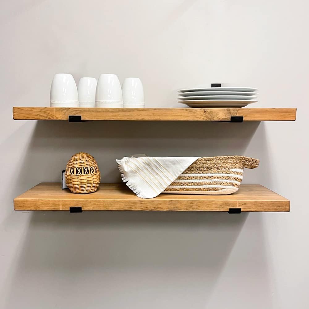 Rustic Shelves with J-Brackets Set of 2, Industrial Shelf, Kitchen Shelves, Solid Wood, Decorative Wall Storage, Heavy Duty, URBANDI (Brown, 36Wx6D)