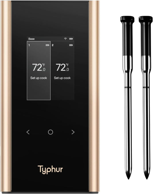 Sync Gold Wireless WiFi Meat Thermometer, 2 Slim Probes, 6 Sensors, 10x Stronger Signal, ±0.5℉ Accuracy, Smart Base Direct Setup, Reliable Reading Through Kamado Grill, BBQ, Oven, Smoker, Air Fryer