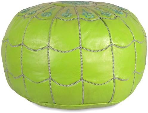 Stuffed Arch Design Moroccan Leather Pouf Ottoman, Handmade, Pre-Filled, 100% Genuine Leather, 14” Height x 22” Diameter – Boho Chic Footstool & Living Room Décor (Lime Green)