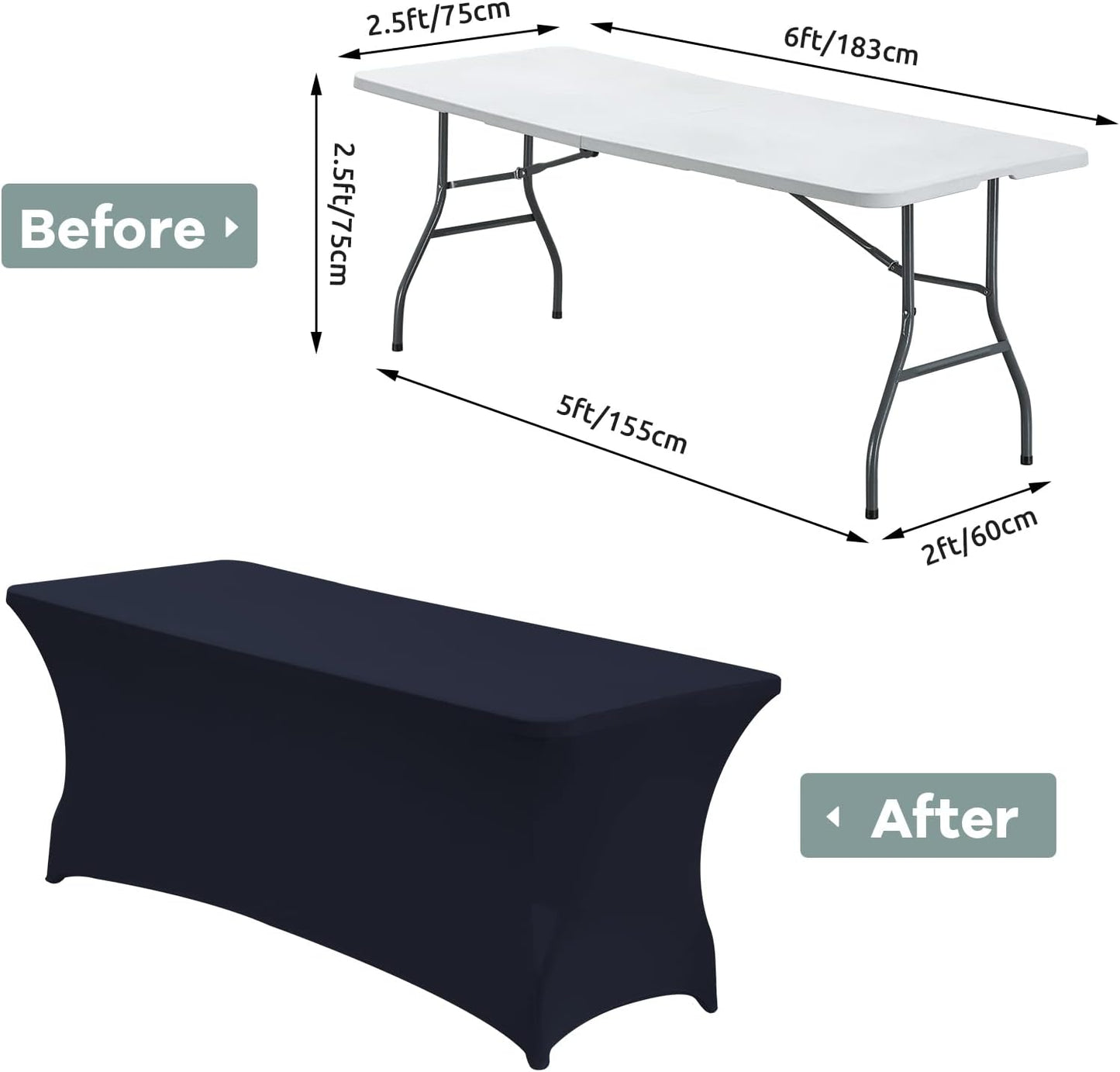 CWK 6FT Waterproof Stretch Spandex Table Cover for Rectangular Tables - Elastic Fitted Tablecloth for Folding Tables,Wrinkle Resistant Table Cloth for Parties, Weddings, Banquets & Events (Navy Blue)