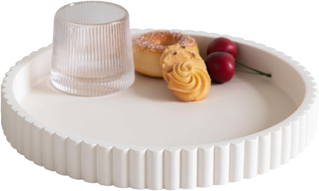 Decorative Tray for Coffee Table, Living Room, Side Table, 11" White Round Concrete Home Decor Serving Trays for Accent Table, Console Table
