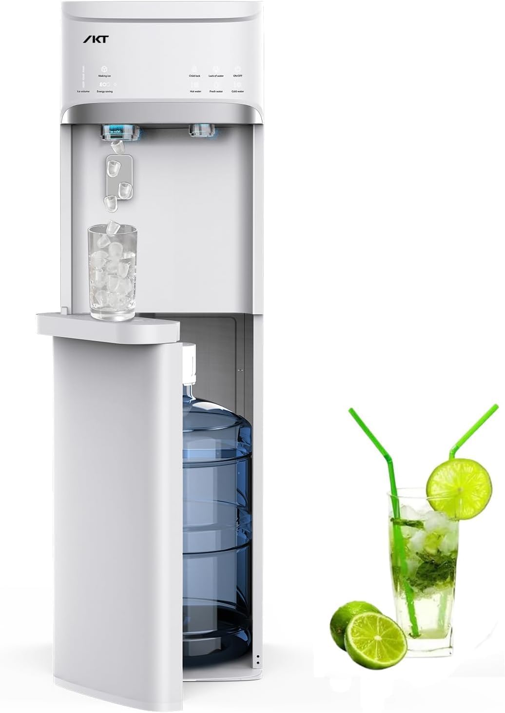IKT Self-Cleaning Hot Cold and Room Water Cooler Dispenser and Maker Bottom Loading for 5 Gallon Bottle with Energy Saving Mode 22lbs Within 24hrs White