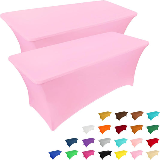 IVAPUPU 2 Pack 4FT Table Cloth for Rectangular Fitted Events Stretch Pink Table Covers Washable Cover Spandex Tablecloth Protector for Party, Wedding, Cocktail, Banquet, Festival