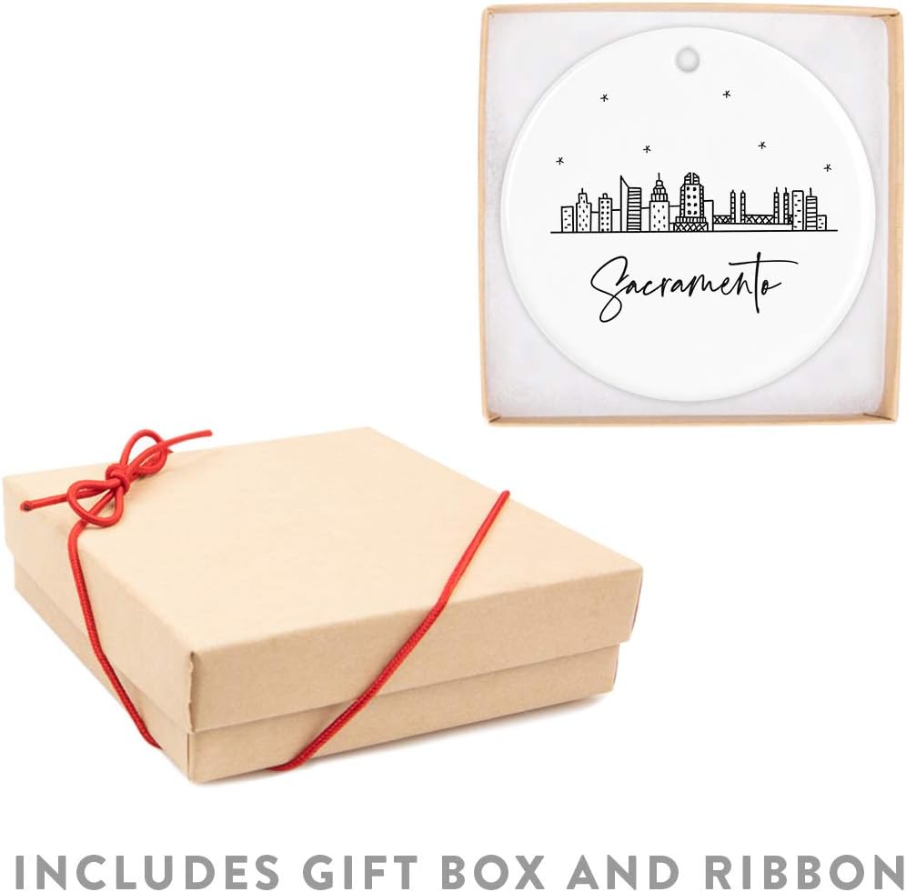 Andaz Press Round Ceramic Porcelain Christmas Tree Ornament Keepsake Gift, Sacramento, Black and White Stars City Skyline Graphic, 1-Pack, Birthday Ideas Family Coworker Him Her, Includes Gift Box