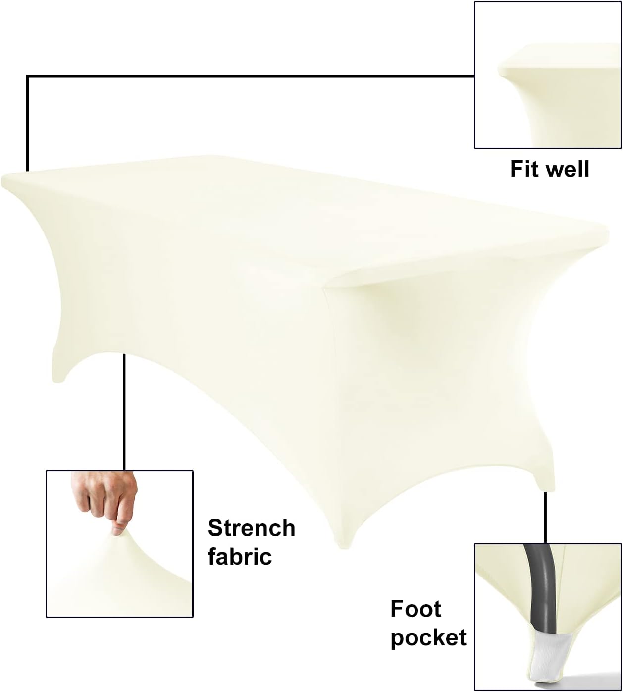 2Pack Spandex Waterproof Table Covers 8ft，Spandex 8ft Waterproof Table Cover for Party,Wedding, Banquet, and Events(Ivory)