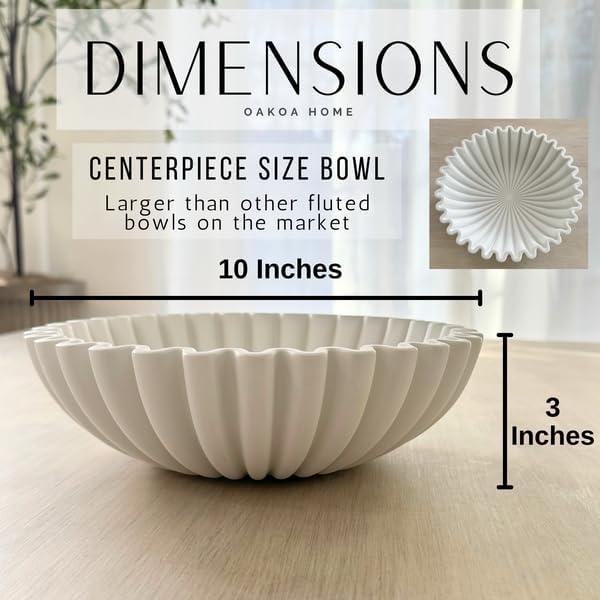 OAKOA Concrete Decorative Bowl - White Large Decorative Bowls for Home Decor - Coffee Table Bowl Decor - Scalloped Ruffle Centerpiece Bowl