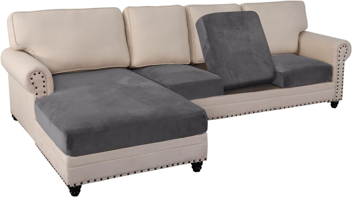 PrinceDeco Sectional Couch Covers 4 Pieces Velvet Separate Couch Cushion Covers L Shape for Left/Right Chaise Sectional Couch with Elastic Bottom (3 Seater + 1 Chaise,Grey)