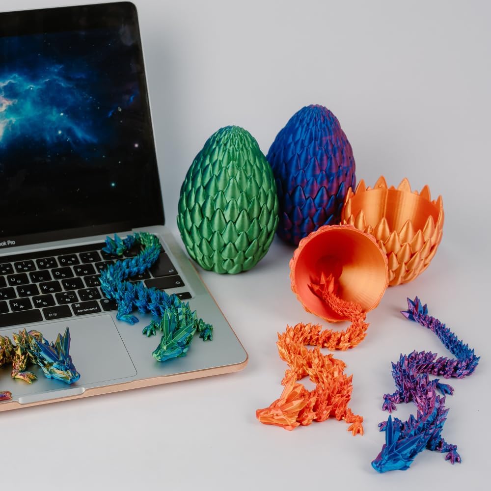 3D Printed 12” Articulated Crystal Dragon Inside 5.1” Egg - Unique Collectible, Fidget Toy, Fantasy Home & Office Desk Decor (Laser Red)