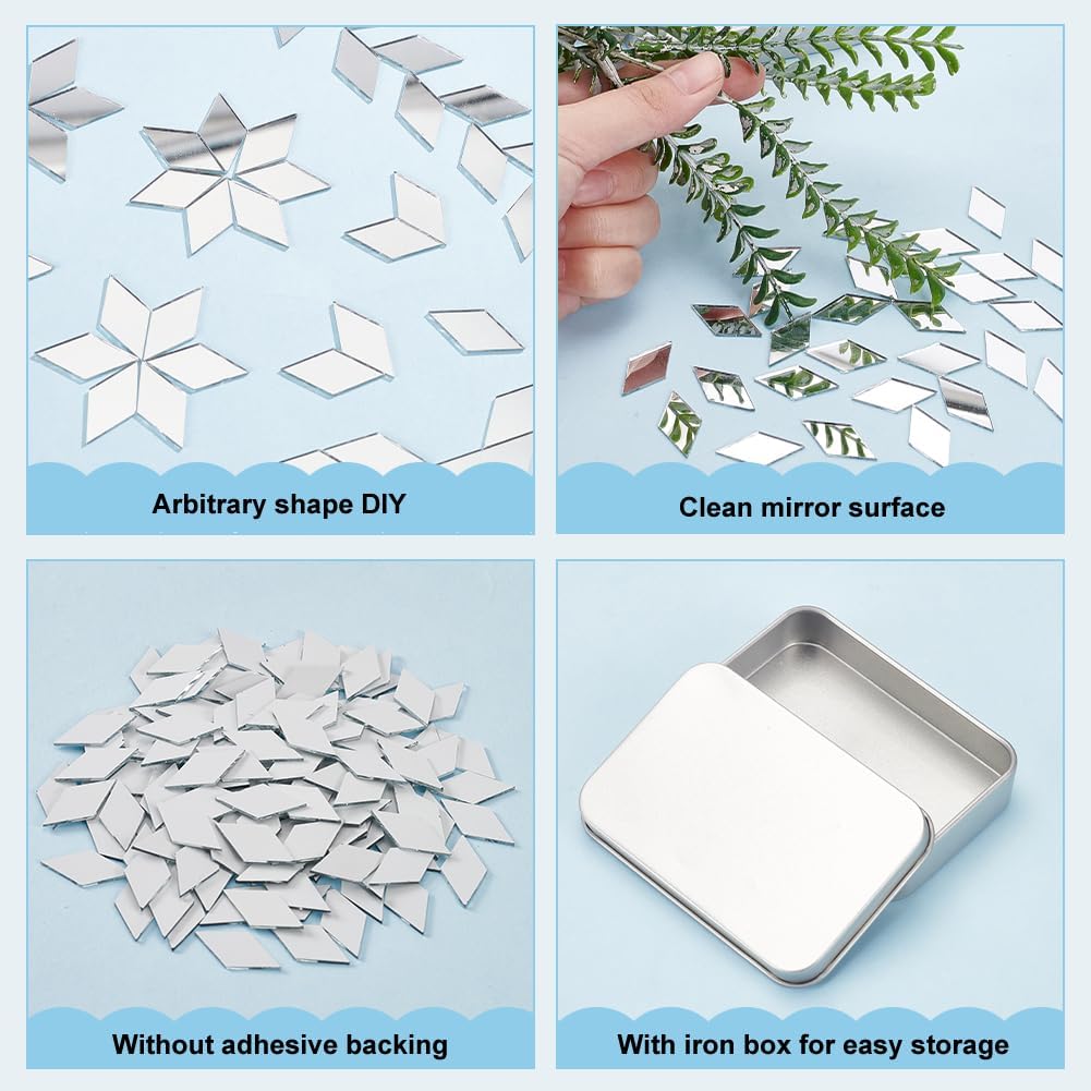 OLYCRAFT 150pcs Rhombus Craft Mirrors 1x0.5 Inch Small Mirror Tiles with Storage Box Non-Stick Mini Glass Mirror Tiles DIY Mirror Rhombus Mini Mirrors for Crafts Art Wall Door Home Decorations