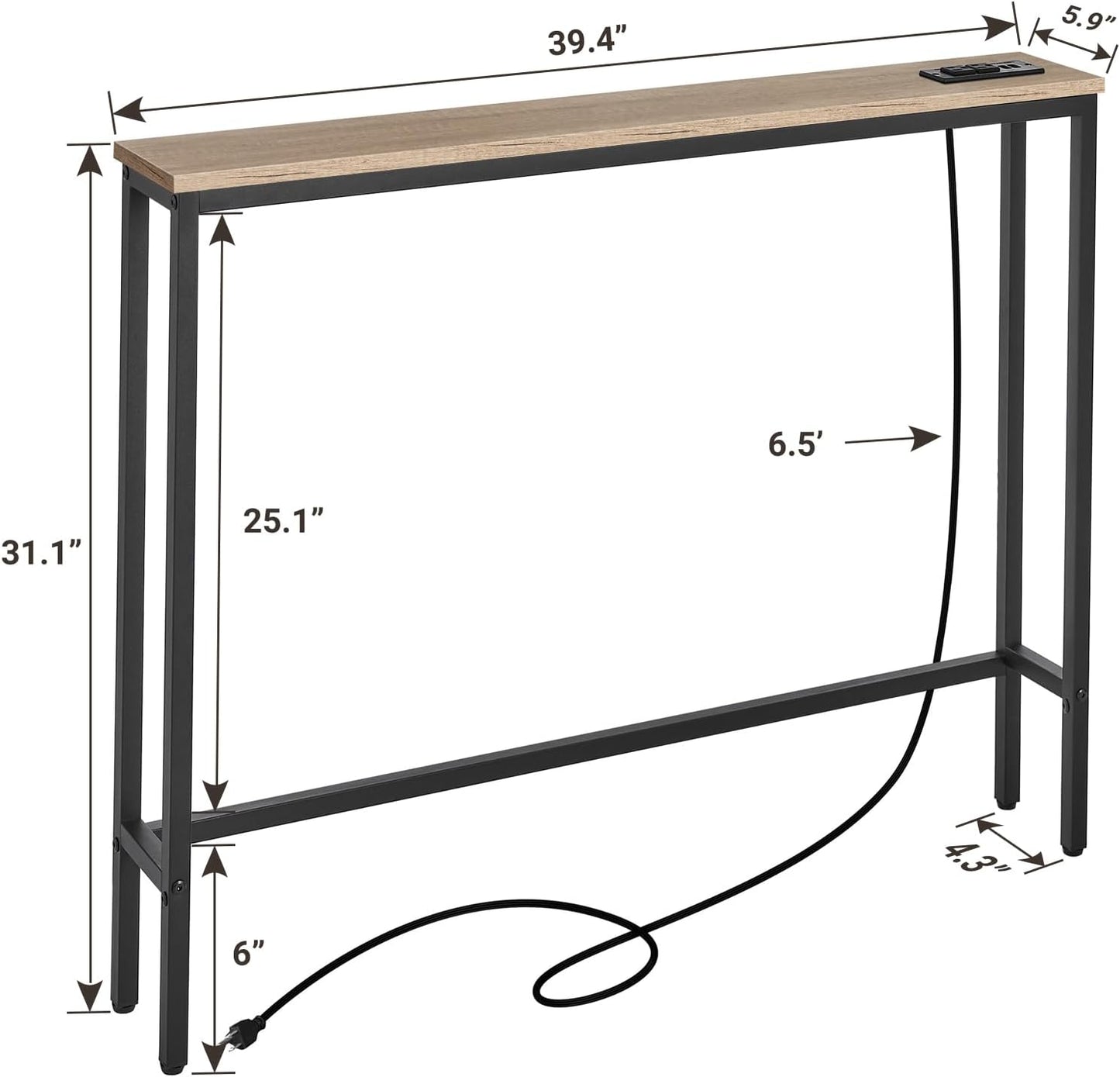 ELYKEN 5.9" Narrow Console Sofa Table with Power Outlets, 5.9" Dx39.4 Wx31.1 H Long Couch Table with Metal Frame and Charge Station with 6.5’ Extension Cord, White Oak