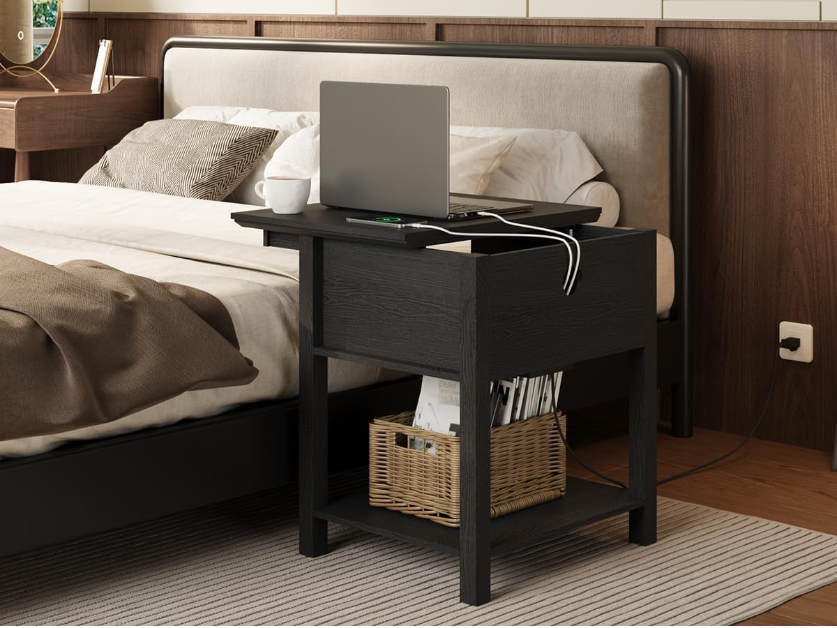Rresyet Sliding Side Table Set of 2 with Charging Station & 2-Tier Storage,Farmhouse End Table, Wooden Nightstand for Bedroom & Living Room,White (Black)