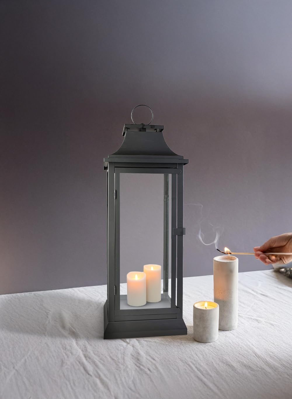 Serene Spaces Living 25" Tall Black Decorative Hurricane Lantern with Clear Glass Panels - Indoor Lantern and Outdoor Lantern for Porch, Events, Parties, & Table Top Decor - Extra Large Lantern