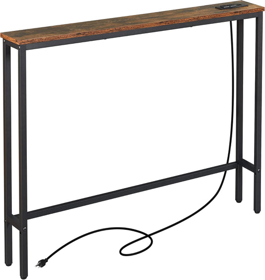 ELYKEN 5.9" Narrow Console Sofa Table with Power Outlets and USB Port, 5.9" Dx39.4 Wx31.1 H Long Behind Couch Table with Metal Frame and 6.5’ Extension Cord, Rustic Brown