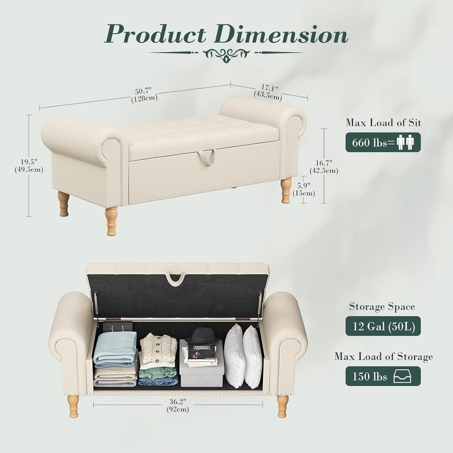 Apicizon 51”Storage Ottoman Bench, Soft Faux Leather Indoor Bench with Rolled Arm and Vintage Rivets, Large Storage Chest for Bedroom, Living Room, Entryway，Beige+Natural Legs