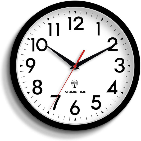 Atomic Wall Clock Analog 10 Inch Battery Operated Modern Decorative for Living Room Kitchen Office Bedroom Bathroom(Black)
