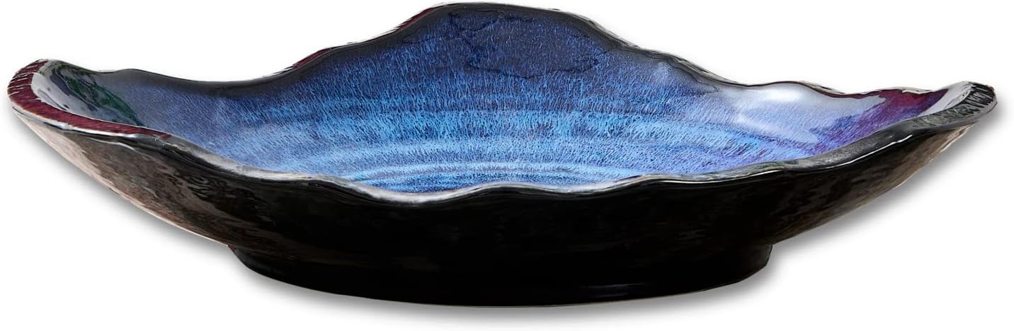 Ceramic Decorative Dish, Large Blue Pottery Decorative Bowl, Porcelain Centerpiece Tray, Key Bowl, Gift Decor Tray for Tabletop Entryway Table Living Room Dining(12'' Dish)