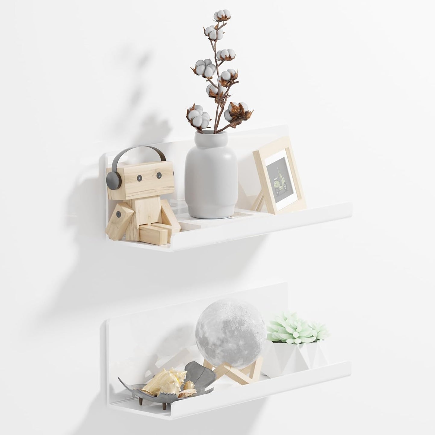 Acrylic Wall Floating Shelves Set of 2, Wall Shelves White 12 Inch Adhesive Wall Organizer Adhesive Shelf for Bathroom, Kitchen, Bedroom, Office, Gaming Room, No Damage, No Drill