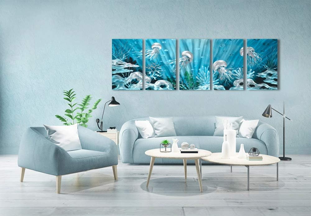 Yihui Arts Blue Deep Sea Metal Wall Art, Large Jellyfish Metal Artwork in Modern Ocean Design, 3D Wall Art for Modern and Contemporary Decor, 5-Panels, Metal Wall Decor