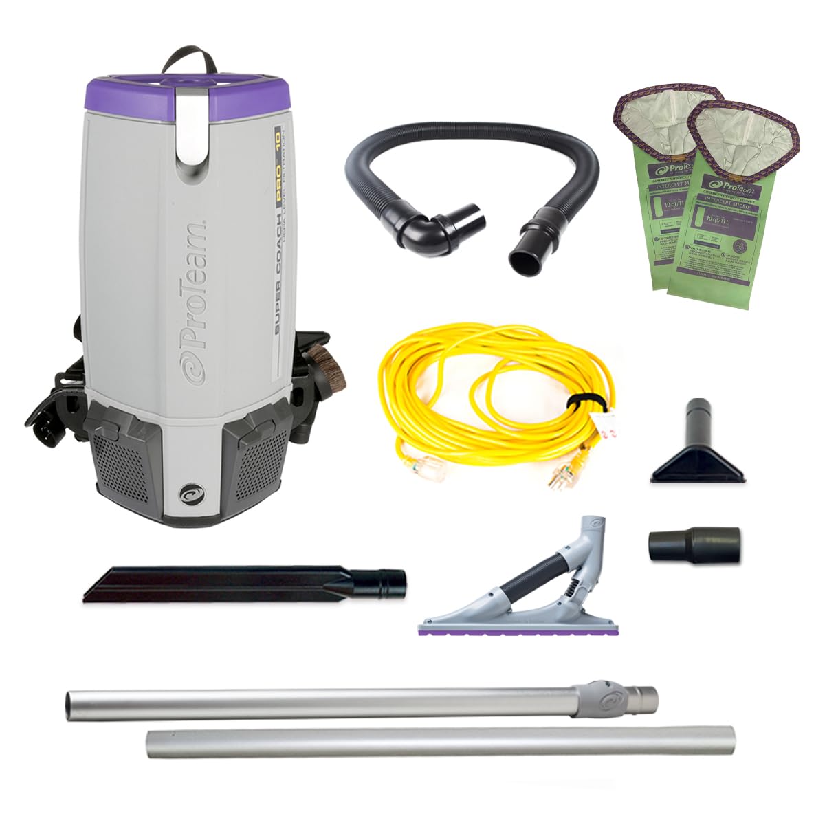 ProTeam Super Coach Pro 10 Commercial Backpack Vacuum with ProLevel HEPA Media Filtration and ProBlade Carpet Tool Kit, 10 Quart, Corded, 107536