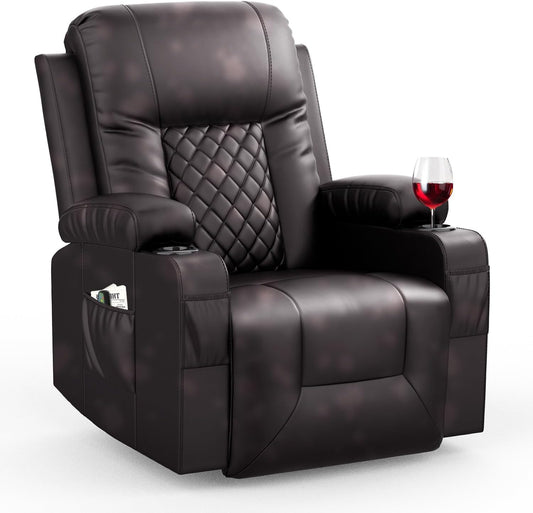 Recliner Chairs for Adults, FSC Certified Massage Rocker with Heated Modern Ergonomic Lounge 360 Degree Swivel Single Sofa Seat Living Room Lounge Recliners Brown