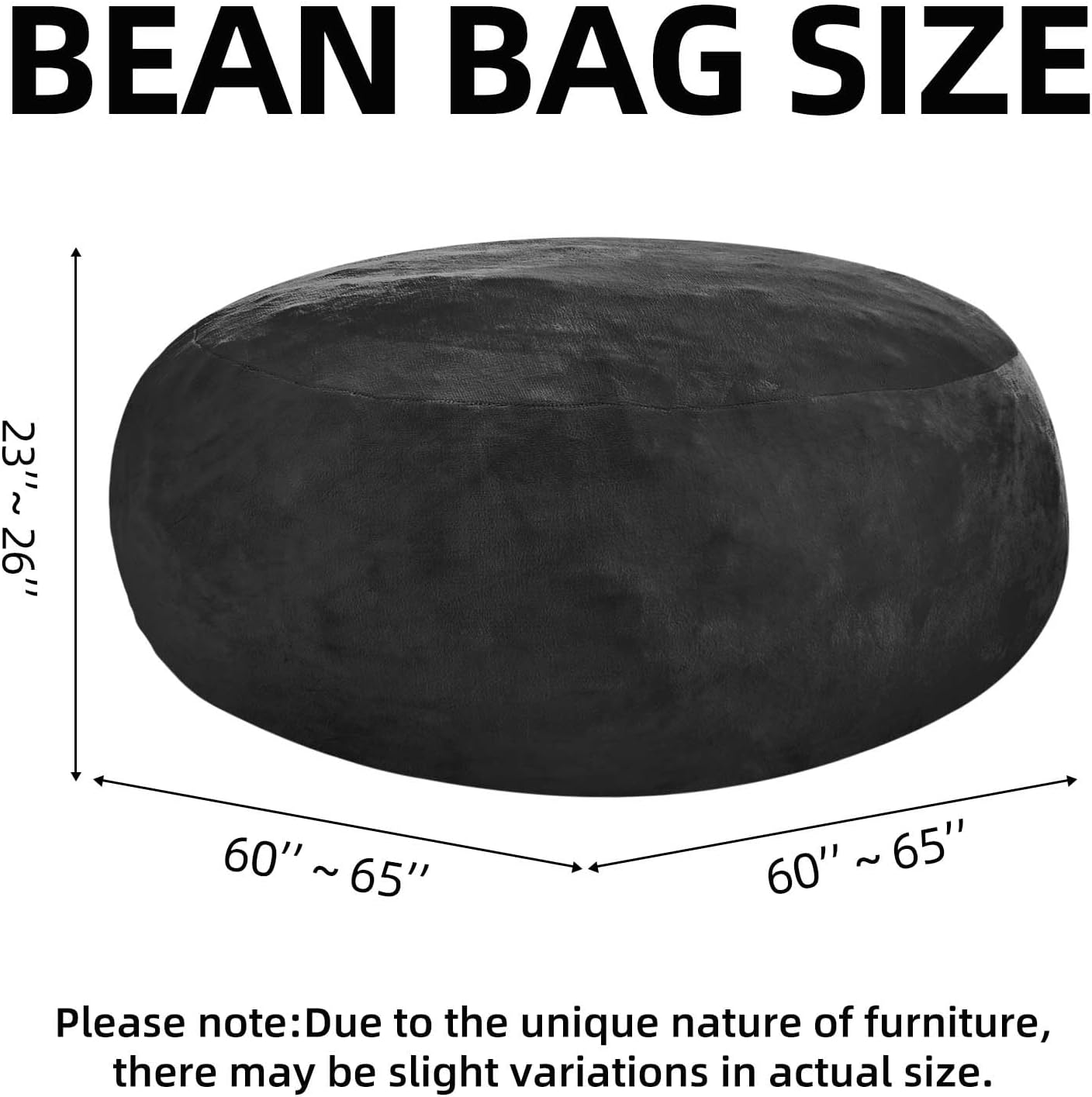 Bean Bag Chair 5Ft, Memory Foam Filled, Large Beanbag Chairs for Adults and Teens, Soft Sofa with Removable Flannel Cover, Round Couch for Living Room Bedroom College Dorm (Black, 5FT-60×60"×24")