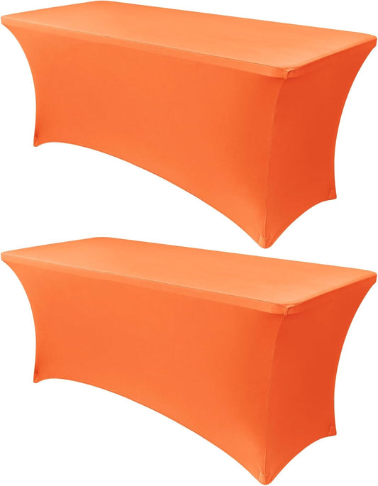 Obstal 6ft Stretch Spandex Table Cover for Standard Folding Tables - Universal Rectangular Fitted Tablecloth Protector for Wedding, Banquet and Party, 72L x 30W x 30H Inches, Orange, 2pc