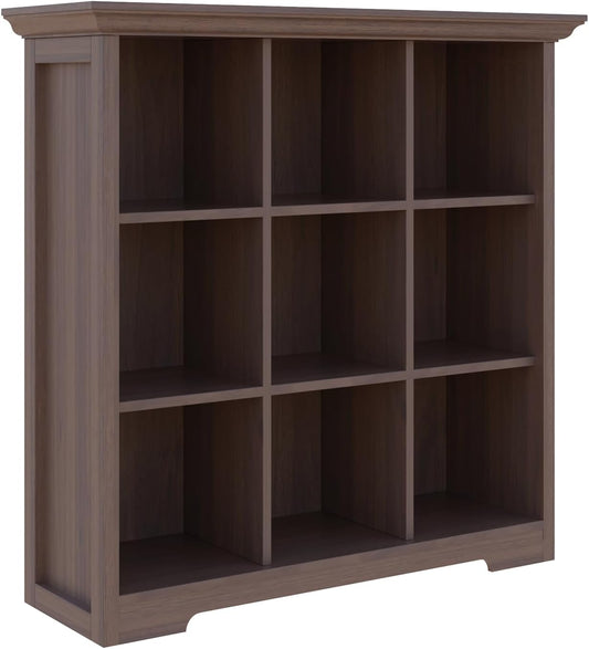Cube Shelf Bookcase with Base - Wooden 3 Tiers Floor Standing Low Storage Cabinet for Home and Office, 9-Cube Lattice Bookshelf, Walnut