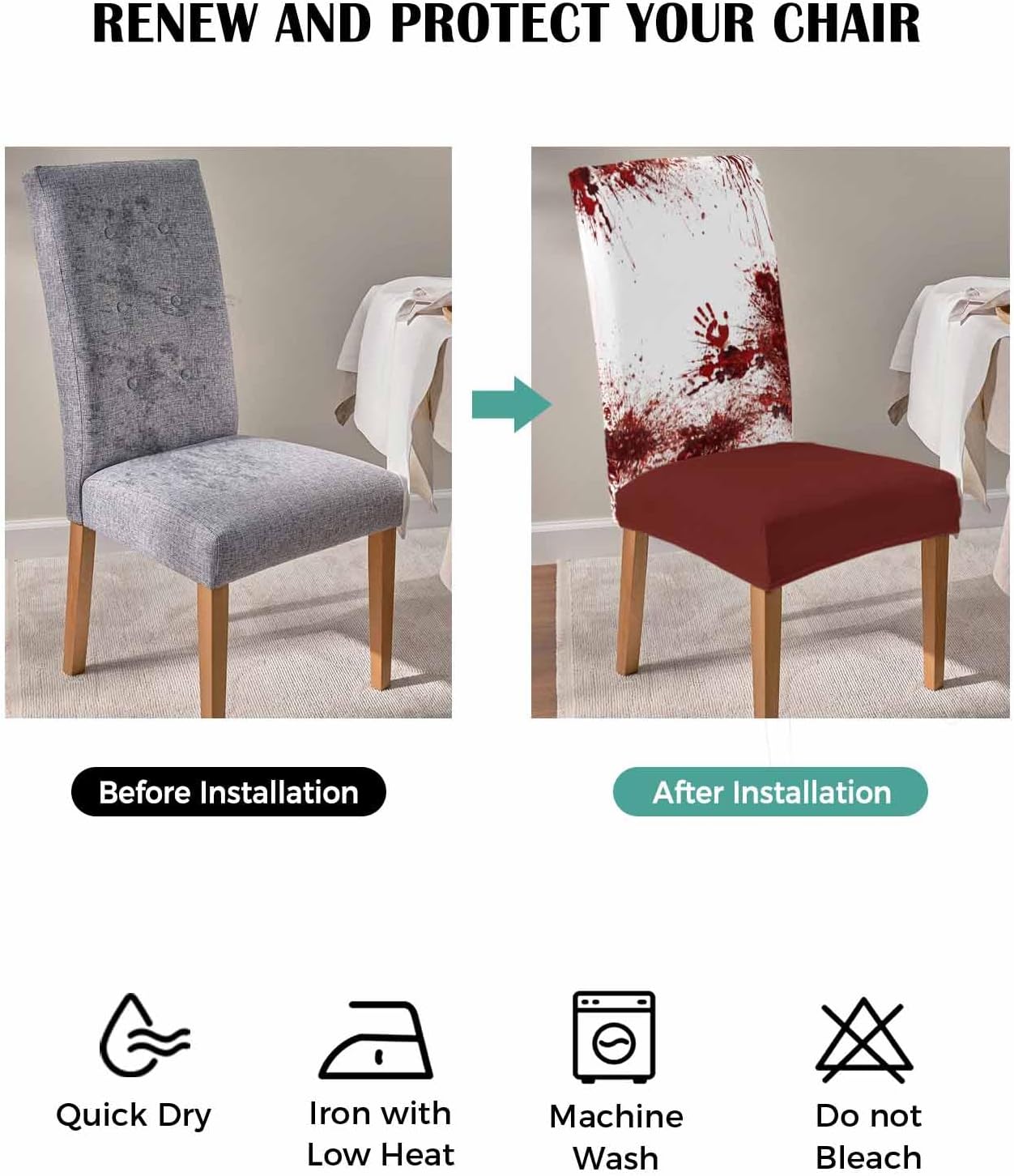 6 Pcs Dining Chair Covers Stretch Spandex Slipcovers Halloween Horror Bloody Handprint Removable Washable Dining Room Seat Cover Cushion Protector for Home Hotel Banquet Decor Red Blood White