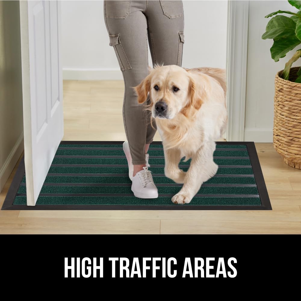 GORILLA GRIP 100% Waterproof All-Season WeatherMax Doormat US Designed Natural Rubber, Stain and Fade Resistant, Low Profile Indoor Outdoor Door Mats, Easy Clean Patio Mat, 23x35, Green Stripe