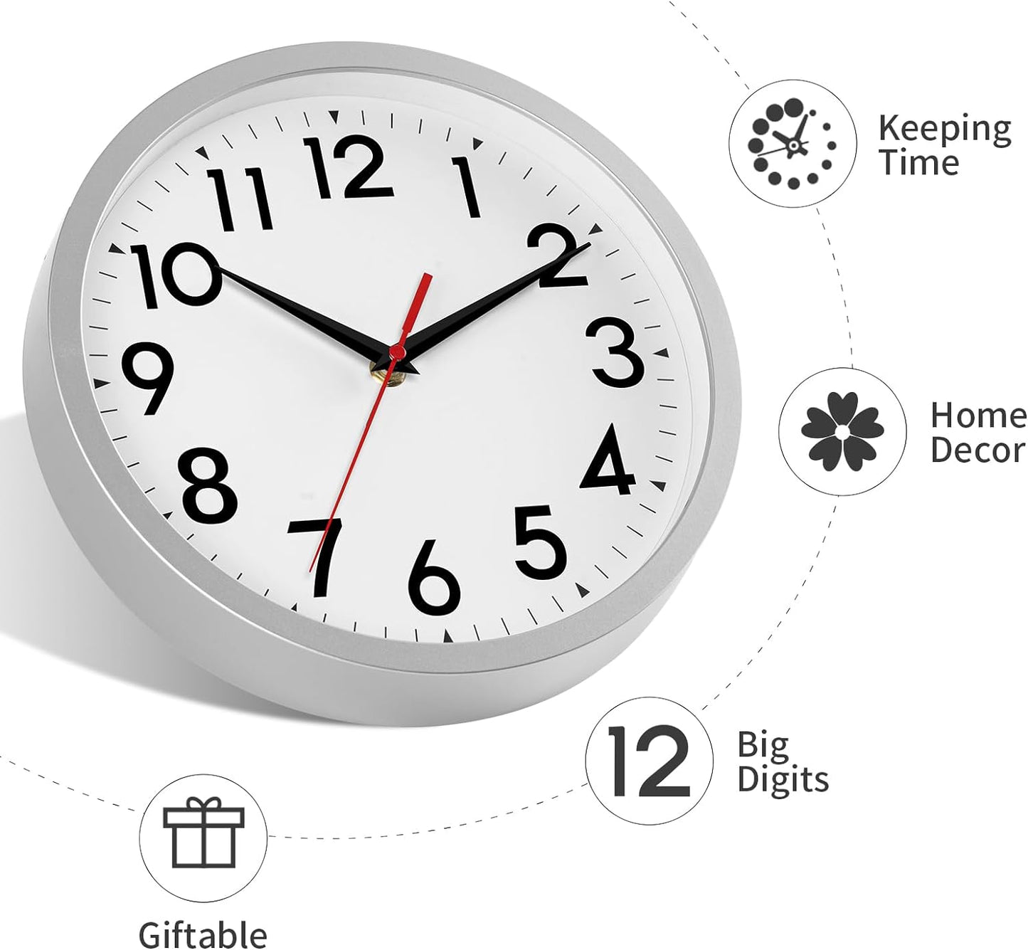 Wall Clock Small Analog 8 Inch Silent Non Ticking Battery Operated Modern Simple Decorative for Kitchen Office Bedroom Bathroom Living Room(Silver)