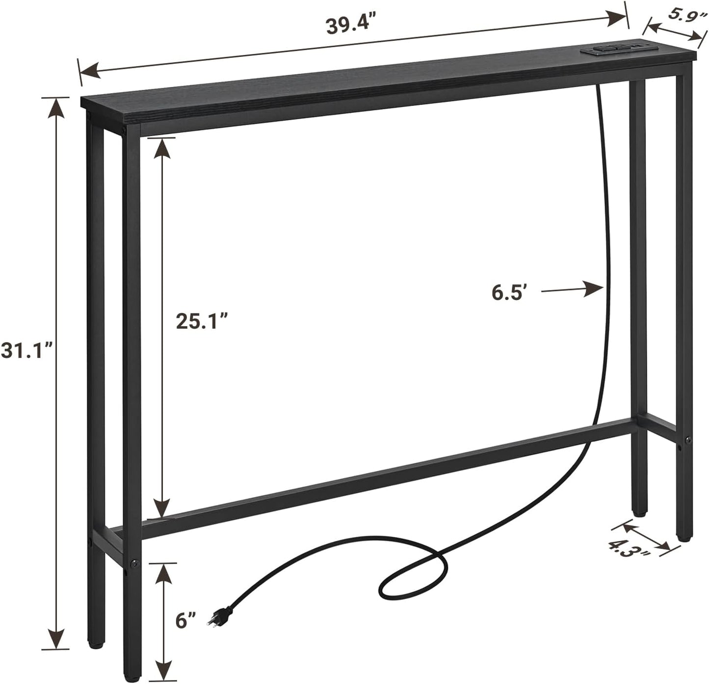 ELYKEN 5.9" Narrow Console Sofa Table with Power Outlets, 5.9" Dx39.4 Wx31.1 H Long Black Behind Couch Table with Metal Frame and Charge Station with 6.5’ Extension Cord
