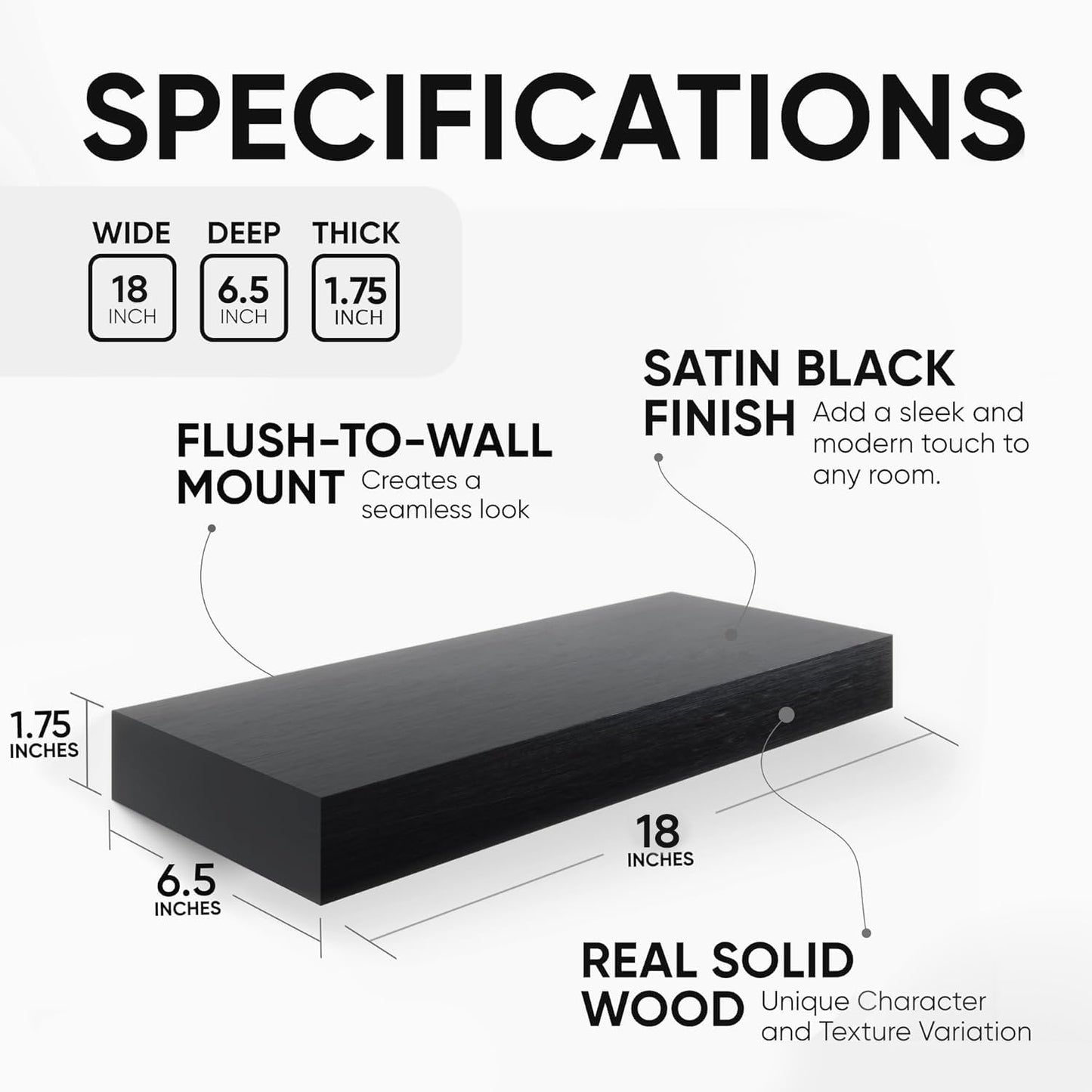 Homeforia Black Floating Shelf 18 inch, High End Solid Real Wood 18inch Bathroom Floating Shelves for Wall Mounted, Black Wooden 18in Floating Shelves, Heavy Duty Bracket, 18 X 6.5 X 1.75 in, Set of 3