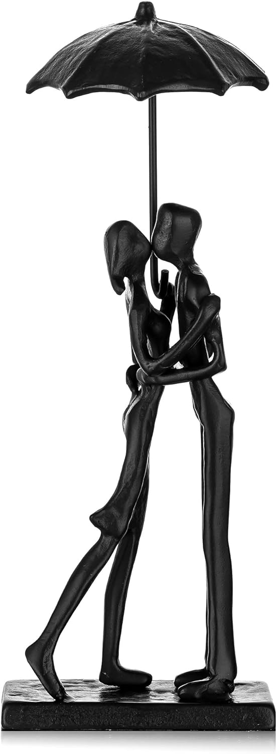 Sziqiqi Iron 6th Sculpture for Wife - Black Metal Couple Statue Kissing Under Umbrella Man Woman Sculpture Figurines for Shelf Mantel Fireplace Entry Bookshelf Television Room