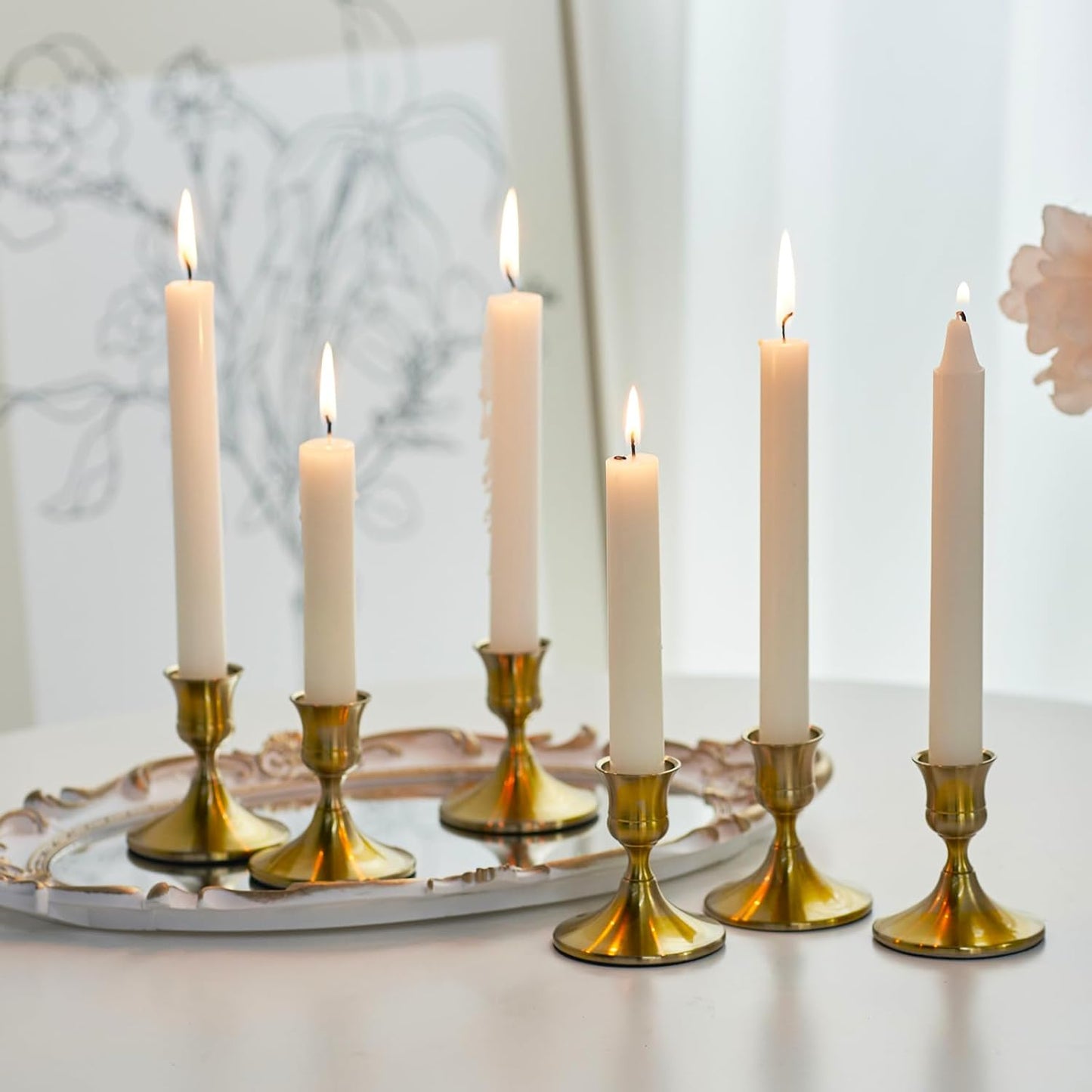 Gold Taper Candle Holder, Brass Candlestick Holders, Vintage Metal for Table Centerpieces Wedding Christmas Decor (Gold, 6 Pcs)