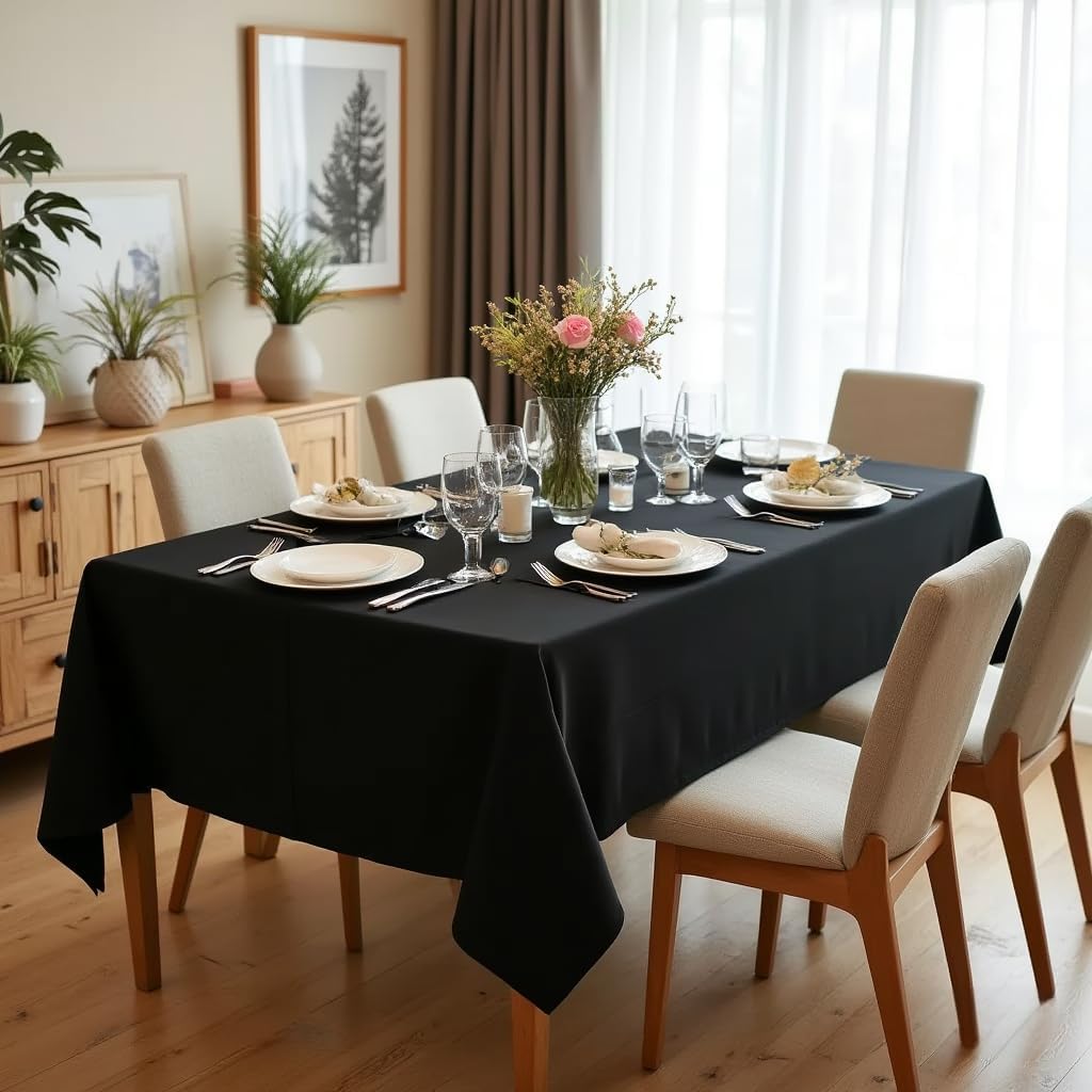 sancua Rectangle Tablecloth - 60 x 84 Inch - Stain and Wrinkle Resistant Washable Polyester Table Cloth, Decorative Fabric Table Cover for Dining Tables, Buffet Parties and Camping, Black