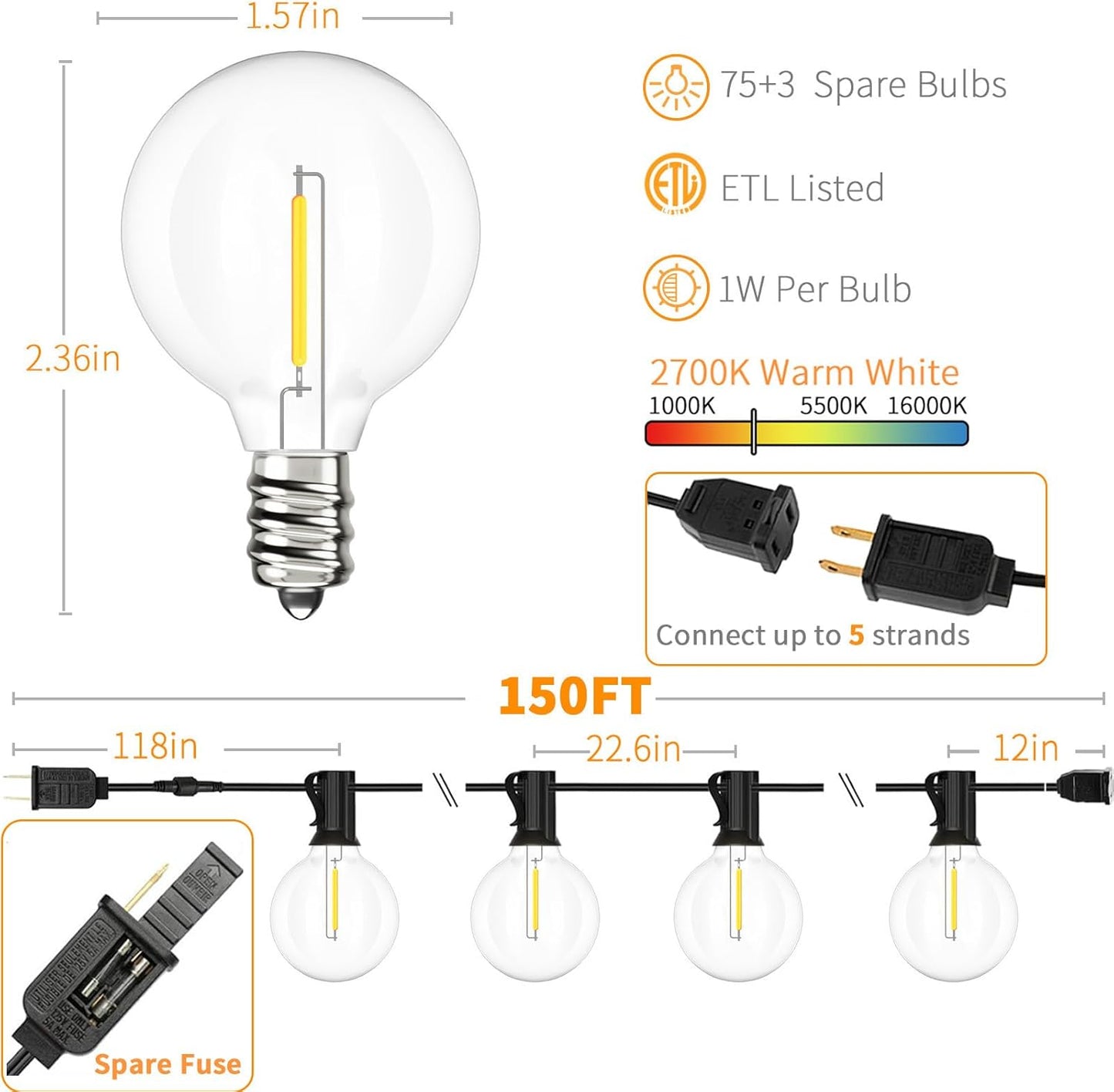 Svater Outdoor String Lights 150 FT, Patio Light with 78 Shatterproof LED Bulbs, Outside Plastic Hanging G40 Globe Lights for Cafe Market Bistro Backyard, Dimmable Warm White 2700K