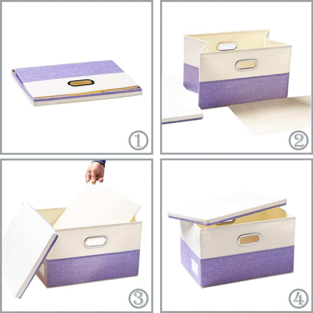PRANDOM Large Foldable Storage Bins with Lids [3-Pack] linen Fabric Decorative Storage Boxes Organizer Containers Baskets Cube with Handles Divider for Bedroom Closet Purple&Cream(17.7x11.8x11.8)