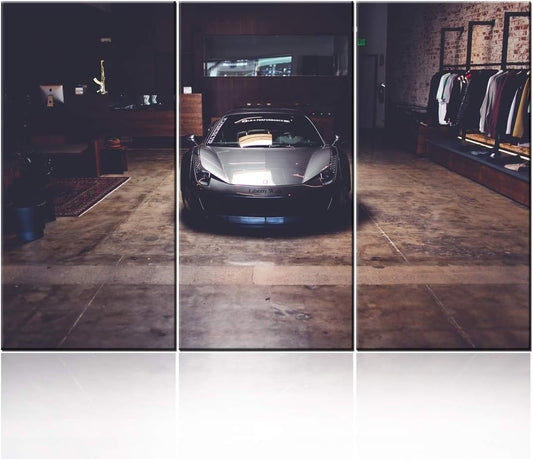 TUMOVO Canvas Print Wall Art Painting Black Speedy Racing Car Picture Sports Car Modern Giclee Prints Stretched and Framed Artwork - 28 x 14inch x 3 Panel